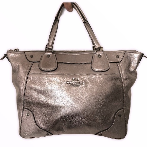 Coach silver leather tote bag purse watch
